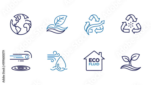 Eco Icons: A collection of sleek, minimalist icons symbolizing environmental sustainability, recycling, and the harmonious balance of nature. Representing concepts of eco-consciousness.