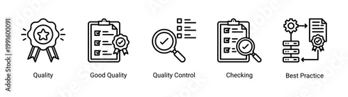 Kaizen quality icon set featuring quality control,inspection,and best practice concepts.Icon set focused on quality assurance,checking,and standardization processes for business and industrial use.