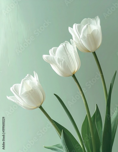 Three bright white tulips against a soft green background