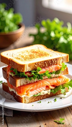 Stacked toasted sandwich with salmon and greens
