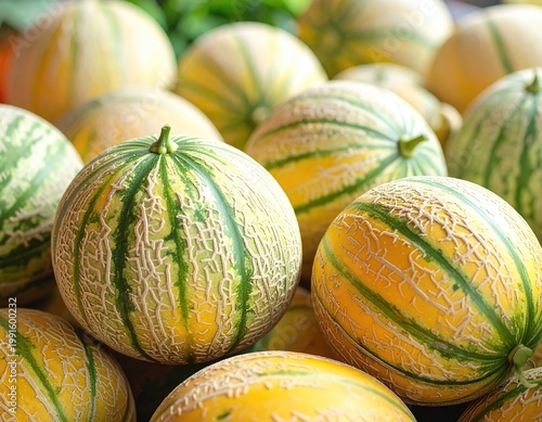 Pile of ripe melons with textured green and yellow rinds