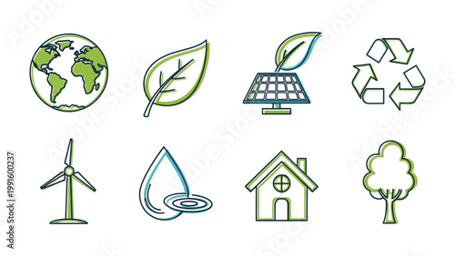 Eco-Friendly Icons: A collection of meticulously crafted icons embodies the essence of sustainable living, from a globe and leaf to a recycling symbol, solar panel, wind turbine, water drop, and tree.