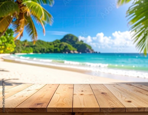 Wooden table foreground with beach and island view