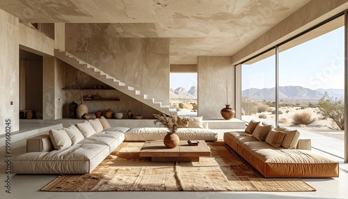 Desert home with modern furniture, large window, view