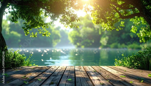 Serene lakeside scene with sunlit trees and wooden pier