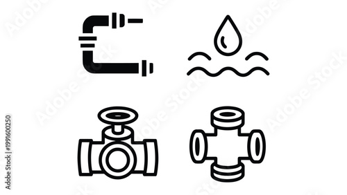 Plumbing Icons: A collection of simple, stylized illustrations showcasing essential elements of plumbing, like pipes, water droplets and pipe connectors.