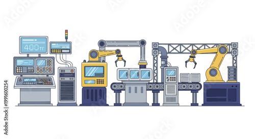 Automated industrial production line with robotic arms and control panels.