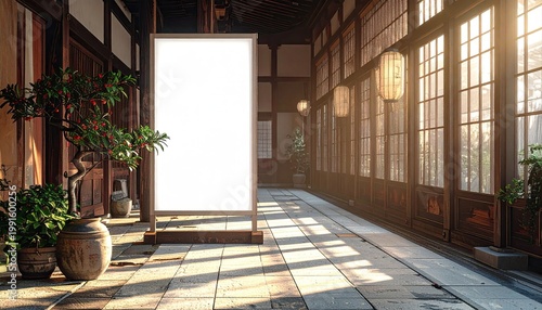 Empty sign in a sunlit Asian-style corridor