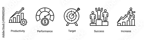 Kaizen productivity icon set featuring performance,target achievement,and growth concepts.Designed for business performance tracking,productivity improvement,and goal achievement visualization.