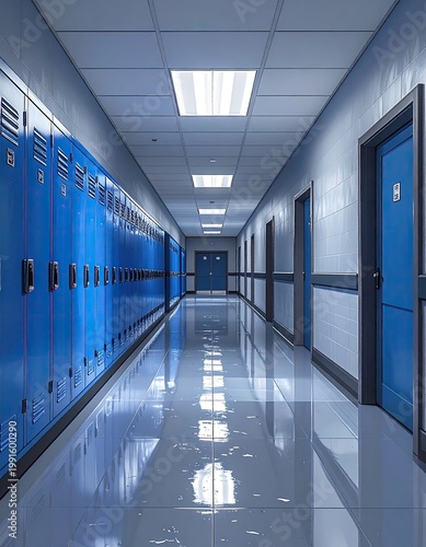 Long, empty hallway with lockers and closed doors