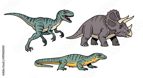 Three prehistoric reptiles including a velociraptor triceratops and monitor lizard.