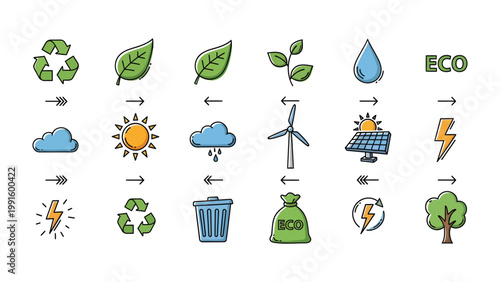 Eco-friendly Symbols: A vibrant array of environmentally conscious symbols. Illustrating the essence of sustainability and the interconnectedness of nature's elements.