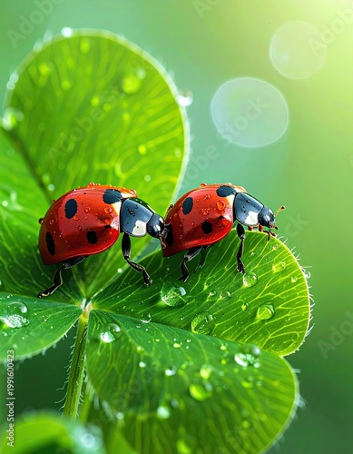 Two ladybugs on a clover, dappled in sunlight