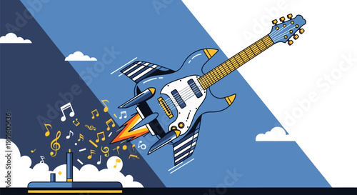 Creative electric guitar shaped like a rocket ship taking off.