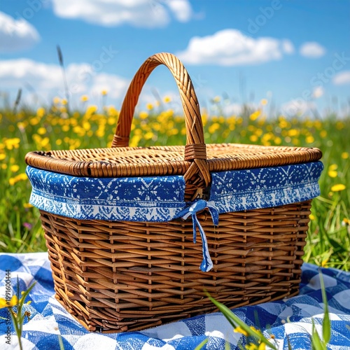 Wicker basket on checkered blanket, field of flowers