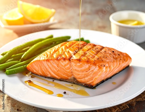 Grilled Salmon Fillet With Green Beans On A White Plate Drizzled With Golden Oil Professional Food Photography