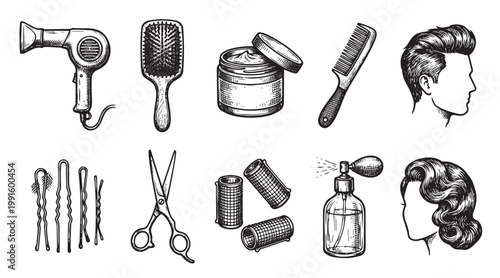 A collection of vintage-style illustrations depicting hairdressing tools like a hairdryer, comb, scissors, and hairpins alongside vintage male and female hairstyles, perfect for retro.