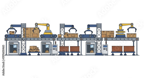 Automated Industrial Production Line with Robotic Arms and Conveyor Belts.