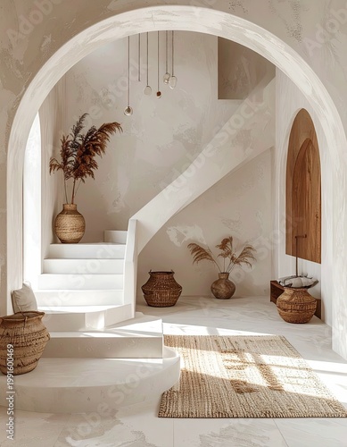 Interior architecture with archways, stairs, neutral tones