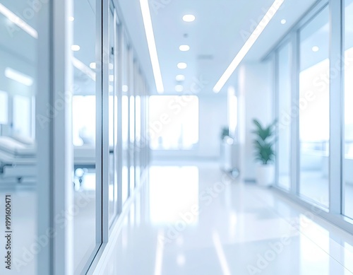 Long bright hospital hallway, blurred focus, clinical