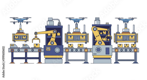 Automated Industrial Production Line with Robotic Arms and Drones.