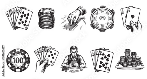 A collection of hand-drawn illustrations depicting various elements of a poker game including cards, chips, and a player.