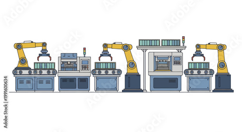 Automated industrial production line with robotic arms and machinery.