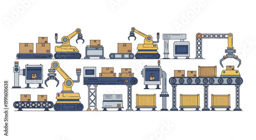 Automated Industrial Production Line with Robotic Arms and Conveyors.