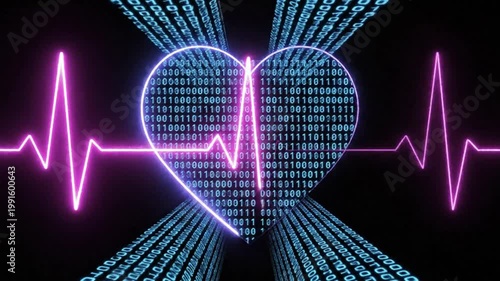 Digital Heart Monitor Pulse with Binary Code Heart Animation