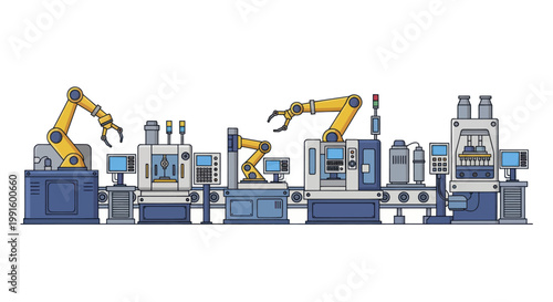 Automated Industrial Production Line with Robotic Arms and Machinery.