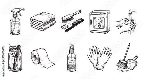 Hand-drawn illustration of essential barber shop tools and cleaning supplies, including spray bottles, towels, brushes, clippers, UV sterilizer, soap, and brooms, emphasizing cleanliness and care.