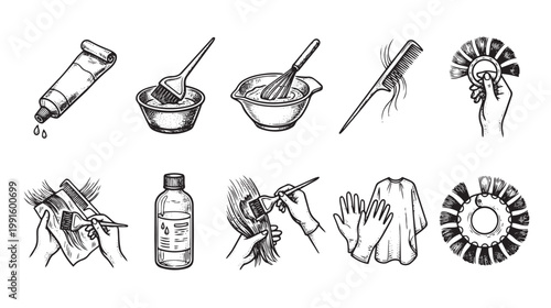 A collection of hand-drawn illustrations depicts various tools and steps involved in the hair dyeing process, including dye tubes, brushes, bowls, combs, gloves, and hair.