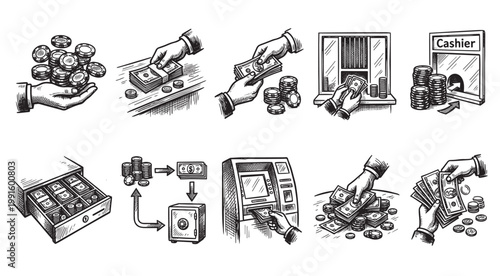 A set of hand-drawn illustrations depicts various money transactions including cash handling, ATMs, and safe storage, suitable for financial or business concepts.