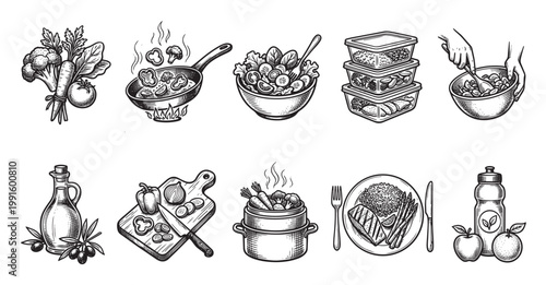 A set of hand-drawn illustrations depicts various aspects of healthy food preparation, including fresh vegetables, cooking, meal prepping, and a balanced meal.