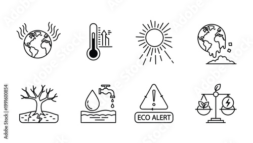 Environmental Icons: A series of symbolic illustrations representing various environmental issues.