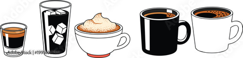 Coffee Types Vector Icon Set with Espresso Shot, Iced Coffee, Cappuccino, Black Coffee, and White Mug for Cafe Menu, Barista Guide, and Beverage Branding Design