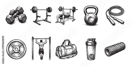 A vintage sketch style collection of diverse fitness equipment items arranged on a white background, depicting strength training and cardio tools.