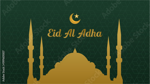 Eid al adha / idul adha holiday greeting card or poster vector art with geometric stars and line art background. dark green background and gold mosque 