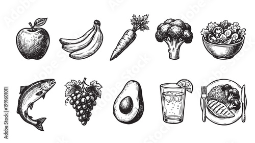 A collection of hand-drawn illustrations of healthy foods like fruits, vegetables, fish, and a meal, rendered in a classic sketch style.