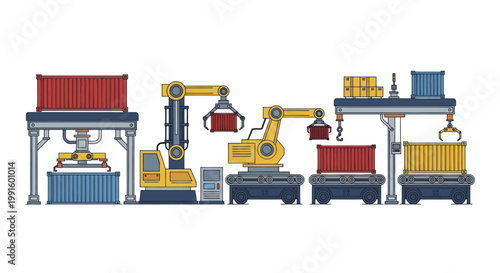 Automated Industrial Robotic Arms Loading Shipping Containers.