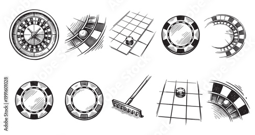 This collection features hand-drawn sketch illustrations of casino elements including roulette wheels, chips, and betting grids, perfect for a vintage or retro gambling theme.