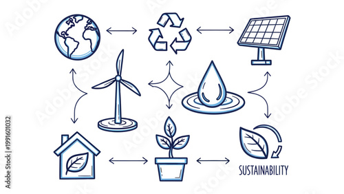 Sustainability Concept Illustration: An artistic illustration visually represents a cohesive eco-system focused on sustainability, promoting renewable resources and conservation of nature.