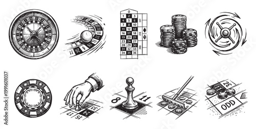 A collection of hand-drawn black and white illustrations depicting various elements of casino gambling, including roulette wheels, chips, and betting layouts.