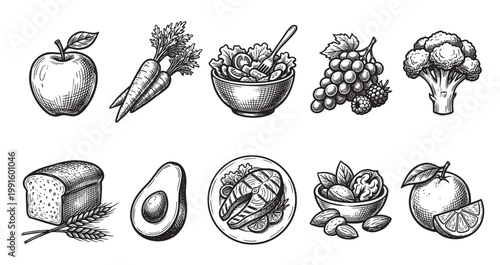 Collection of hand-drawn sketches of various healthy foods including fruits, vegetables, bread, fish, and nuts, presented in a simple black and white linework style.