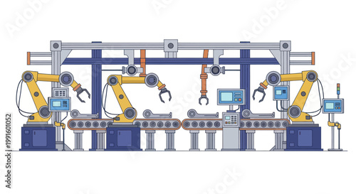 Automated Industrial Robotic Assembly Line for Modern Manufacturing Process.