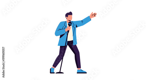 A stylish male singer performing on stage with a microphone.