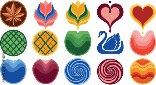Colorful Latte Art Pattern Vector Icon Set with Leaf, Tulip, Heart, Swan, Swirl, and Floral Foam Designs for Barista, Cafe Menu, and Coffee Shop Branding Projects