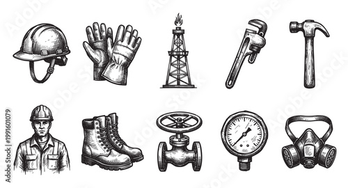 A collection of hand-drawn industrial tools and safety gear, including a hard hat, gloves, drill rig, pipe wrench, hammer, boots, valve, gauge, and respirator.