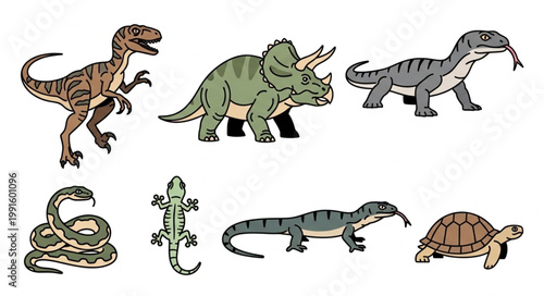 Collection of Various Dinosaurs and Reptiles Illustration.