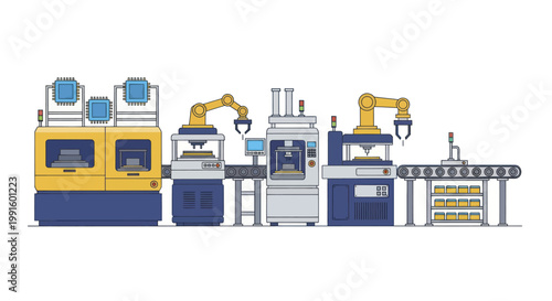 Automated Manufacturing Process with Robotic Arms and Assembly Line.